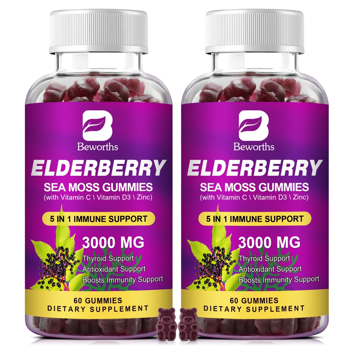 B BEWORTHS Black Elderberry Gummies & Sea Moss Gummy, Sambucus Elderberry Vitamins Supplements with Vitamin C, D3 and Zinc, Thyroid & Immune Support Supplement for Kids & Adults