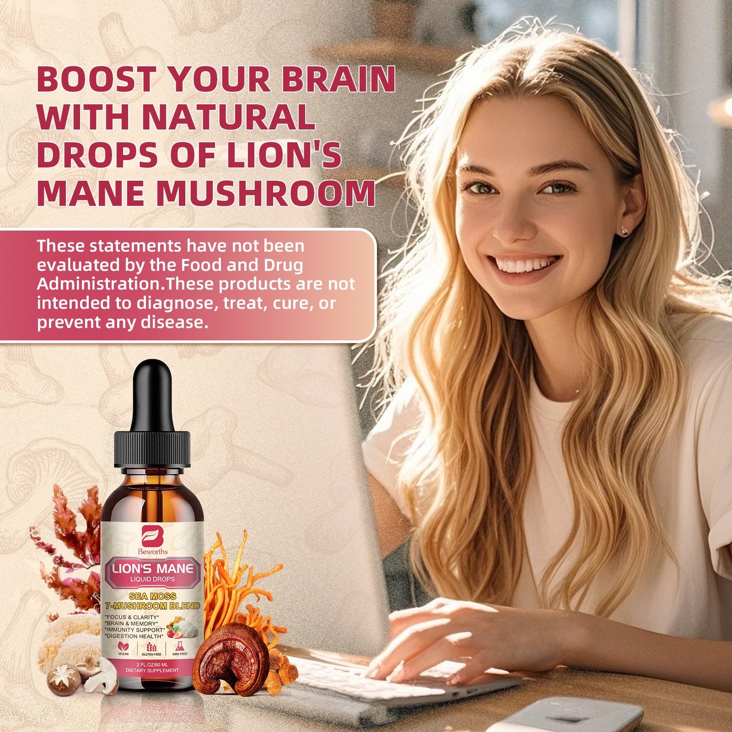 Lion's Mane Mushroom Liquid Drops - Irish Sea Moss Mushrooms Supplement Complex Support Memory & Focus, Immunity Boost - Lions Mane, Turkey Tail, Reishi, Cordyceps, Chaga, Oyster, Maitake