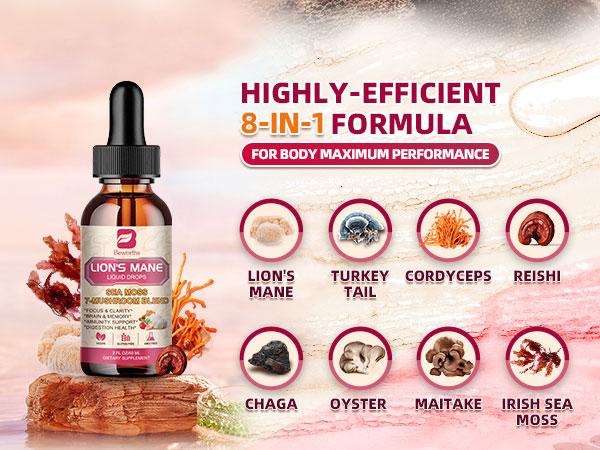 Lion's Mane Mushroom Liquid Drops - Irish Sea Moss Mushrooms Supplement Complex Support Memory & Focus, Immunity Boost - Lions Mane, Turkey Tail, Reishi, Cordyceps, Chaga, Oyster, Maitake