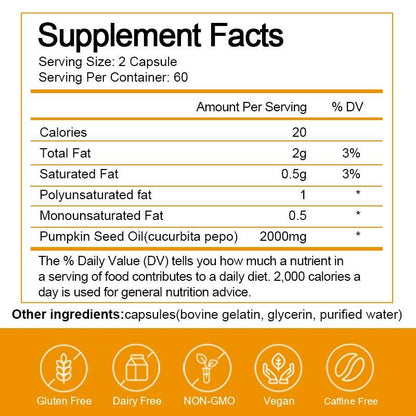 Pumpkin Seed Oil Capsules- Pumpkin Seed Oil Supplement for Hair Growth, Youthful Skin, Prostate Health, Urinary Tract Support