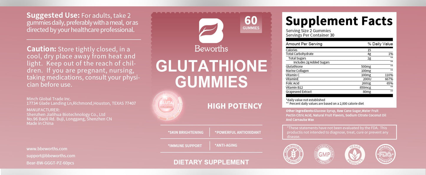 BBEWORTHS Glutathione Gummies 500mg with Marine Collagen Vitamin C & E