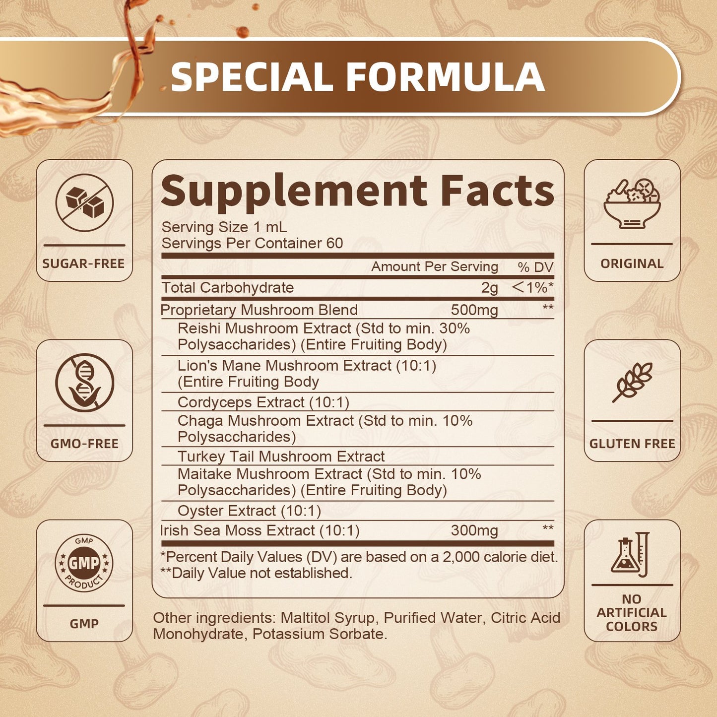 Lion's Mane Mushroom Liquid Drops - Sea Moss Mushrooms Supplement Complex Support Memory & Focus, Immunity Boost - Lions Mane, Reishi, Cordyceps, Chaga, Turkey Tail, Oyster, Maitake | Vegan