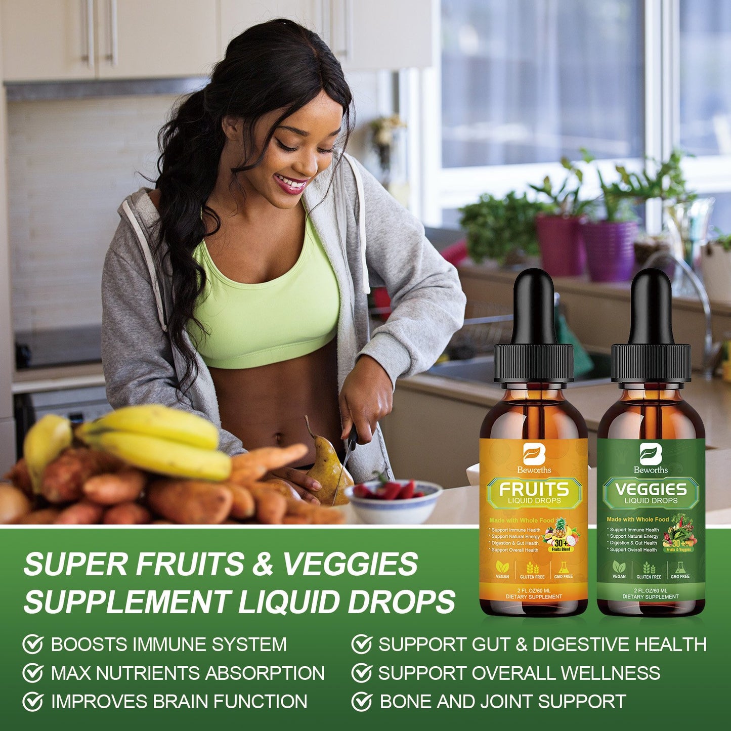 Natural Fruit and Vegetable Vitamins Supplements Liquid Drops Whole Nature Super-Food Filled with Vitamins and Minerals - Supports Energy Levels