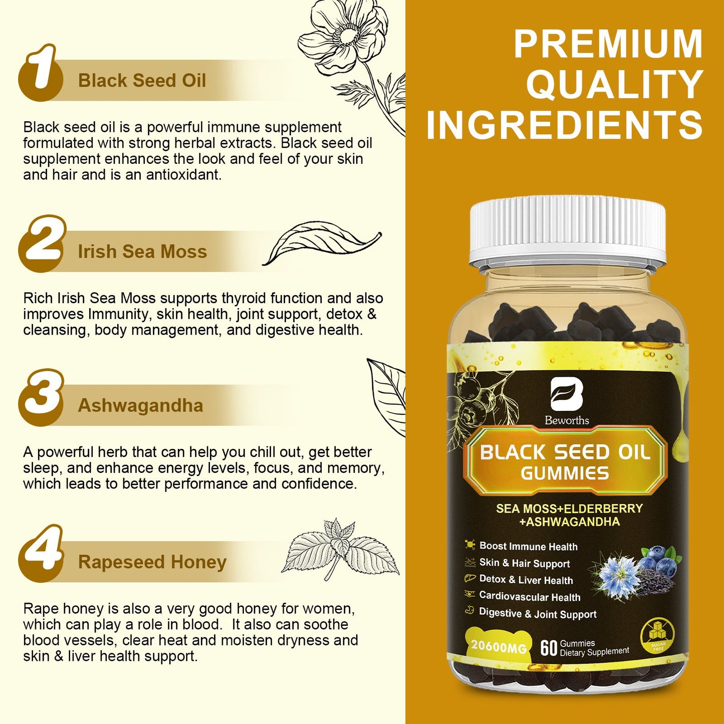 Black Seed Organic Irish Sea Moss Gummies with Ashwagandha Extract, Elderberry, Turmeric, Vitamin C Vitamin D3