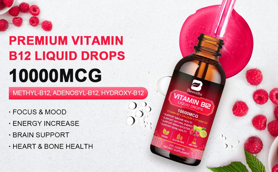 Ang Vitamin B12 Sublingual Liquid ay bumaba ng 10000mcg Formula Raspberry Flavor na may Vitamin B9, D3, Calcium 