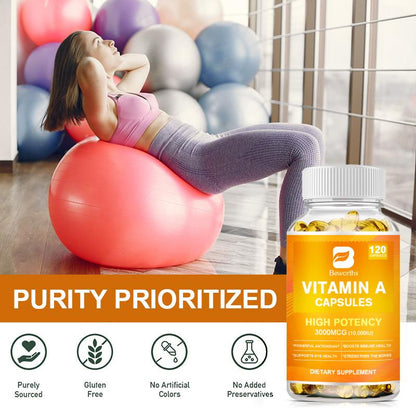 Vitamin A Softgels 10,000 IU Vitamin A Supplement, Promotes Immune, Bone, Skin, and Eye Health, 10000 IU (3000mcg) 120 Capsules, Vegan Dietary Supplements by BEWORTHS