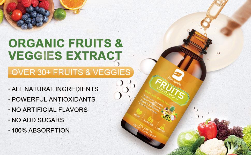 Natural Fruit and Vegetable Vitamins Supplements Liquid Drops Whole Nature Super-Food Filled with Vitamins and Minerals - Supports Energy Levels