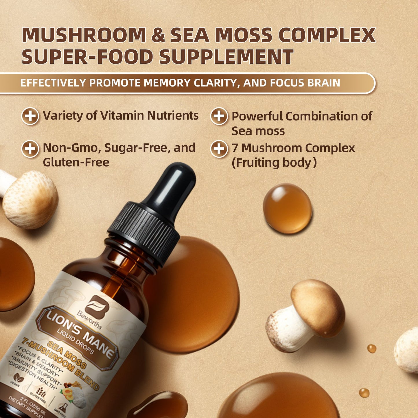 Lion's Mane Mushroom Liquid Drops - Sea Moss Mushrooms Supplement Complex Support Memory & Focus, Immunity Boost - Lions Mane, Reishi, Cordyceps, Chaga, Turkey Tail, Oyster, Maitake | Vegan