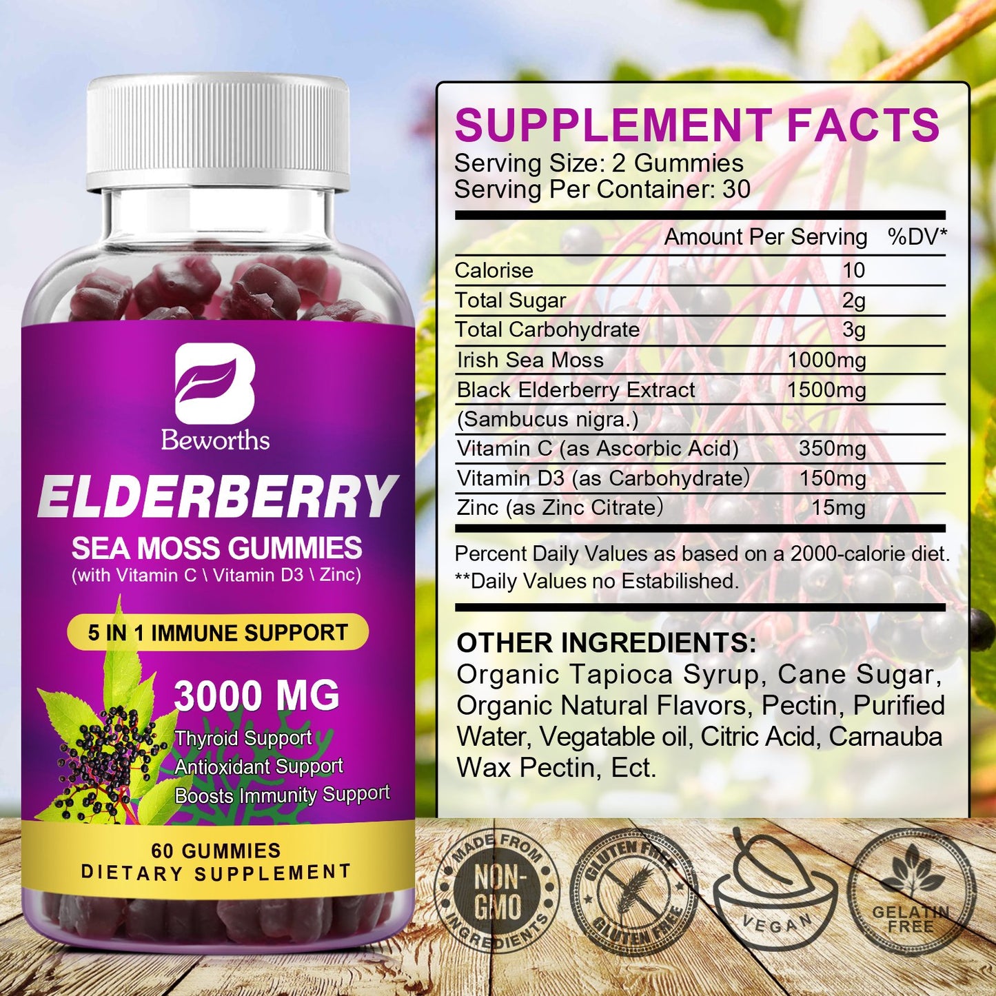 B BEWORTHS Black Elderberry Gummies & Sea Moss Gummy, Sambucus Elderberry Vitamins Supplements with Vitamin C, D3 and Zinc, Thyroid & Immune Support Supplement for Kids & Adults
