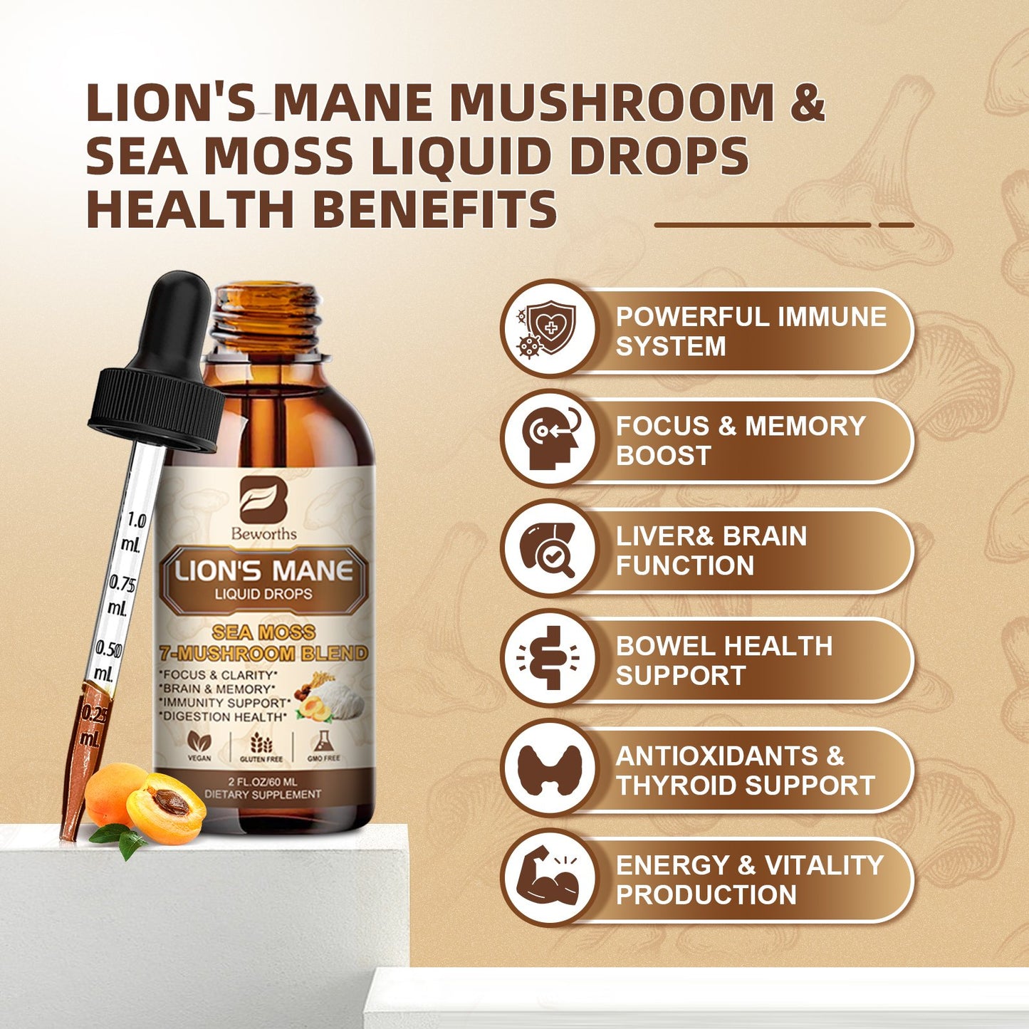 Lion's Mane Mushroom Liquid Drops - Sea Moss Mushrooms Supplement Complex Support Memory & Focus, Immunity Boost - Lions Mane, Reishi, Cordyceps, Chaga, Turkey Tail, Oyster, Maitake | Vegan