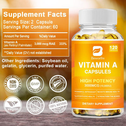 Vitamin A Softgels 10,000 IU Vitamin A Supplement, Promotes Immune, Bone, Skin, and Eye Health, 10000 IU (3000mcg) 120 Capsules, Vegan Dietary Supplements by BEWORTHS