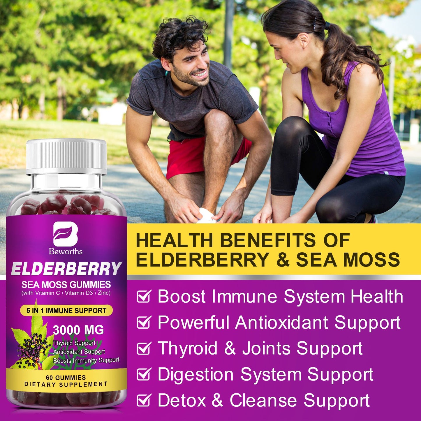 B BEWORTHS Black Elderberry Gummies & Sea Moss Gummy, Sambucus Elderberry Vitamins Supplements with Vitamin C, D3 and Zinc, Thyroid & Immune Support Supplement for Kids & Adults
