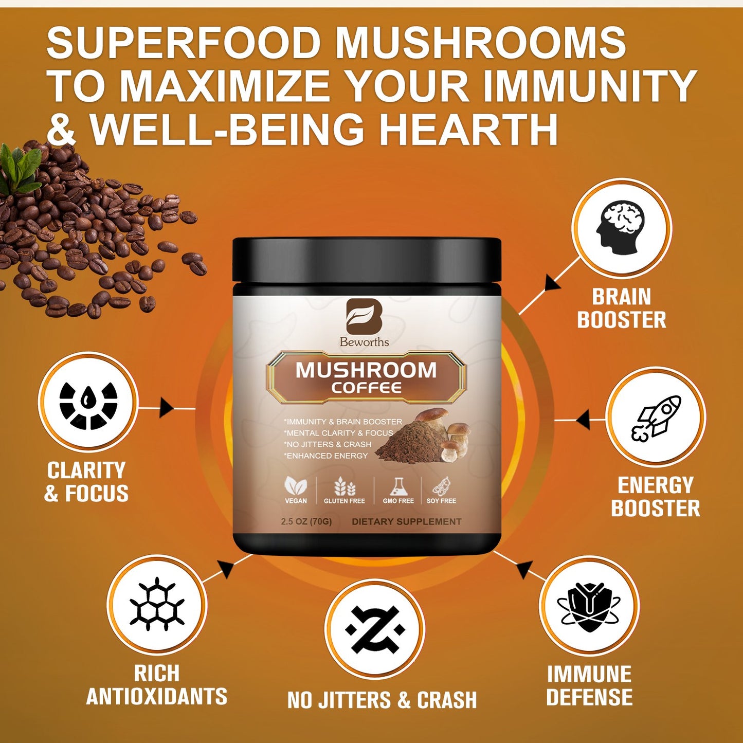 BBeworths Mushroom Coffee Alternative para sa Energy, Mental Clarity at Focus, Brain Booster 70g 