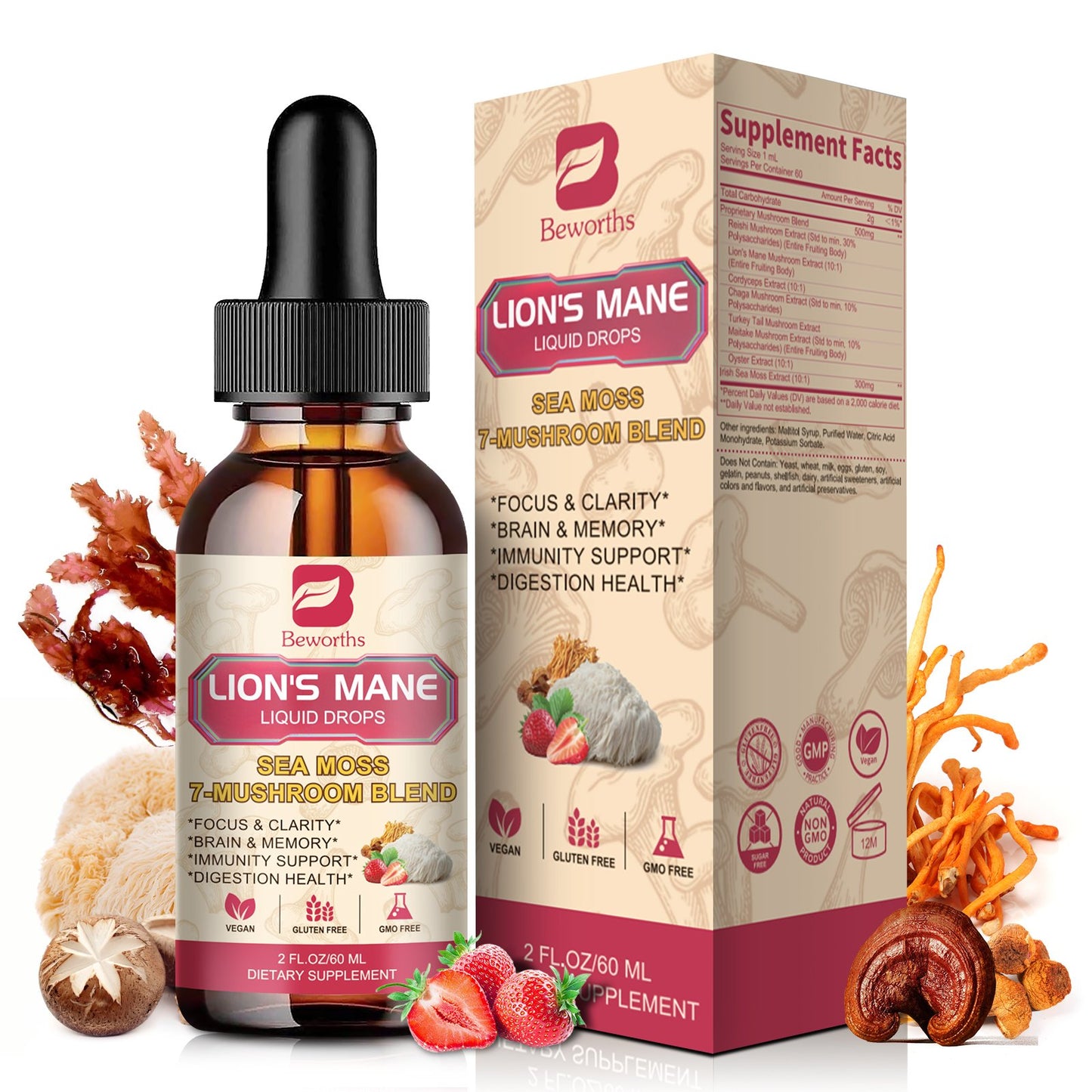 Lion's Mane Mushroom Liquid Drops - Irish Sea Moss Mushrooms Supplement Complex Support Memory & Focus, Immunity Boost - Lions Mane, Turkey Tail, Reishi, Cordyceps, Chaga, Oyster, Maitake