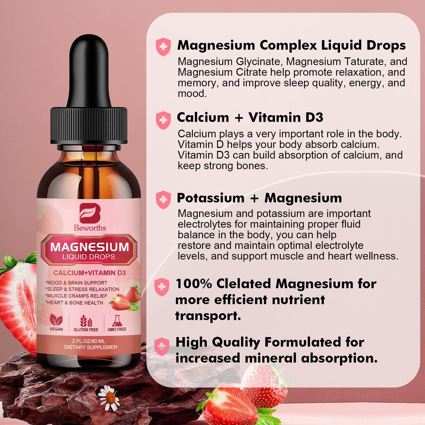 Magnesium Glycinate Supplement Complex Vitamin Liquid Drop Strawberry Flavor 
